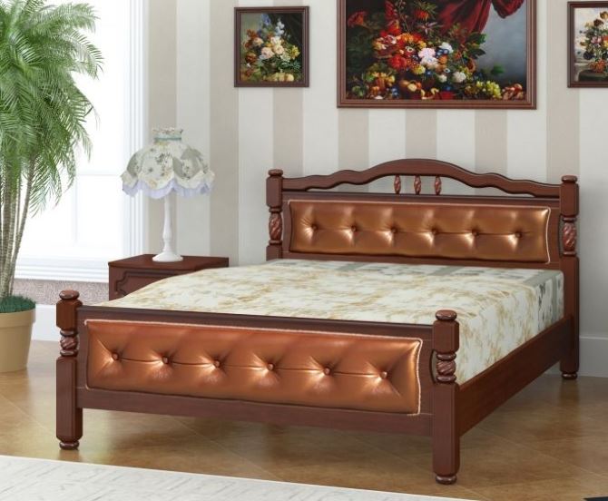 Кровать двуспальная Карина-11 (СМ 140х200) с элементами экокожи, без основания с универсальными царг ( 140х200 , дерево/МДФ , орех , без подъемного мех. , без ящиков , без матраса (Браво-мебель) )